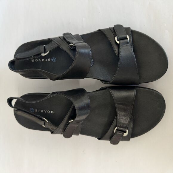 Aravon Black Leather Orthopedic Sandals Women 10 B Slingback Wide Strap Comfort - Picture 6 of 15